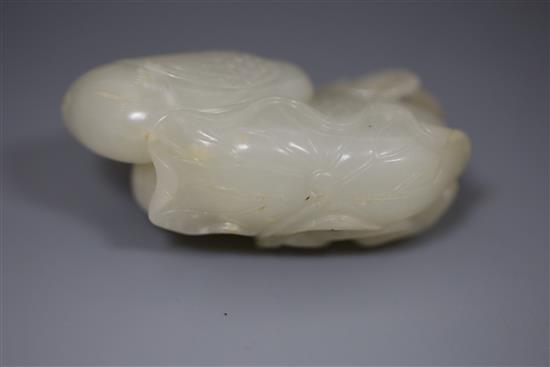 A good Chinese white jade group of two mandarin ducks biting lotus tendrils, 18th/19th century, L. 7.2cm